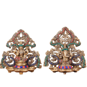 Brass Lord Ganesha and Goddess Lakshmi Panchdeep with Stonework